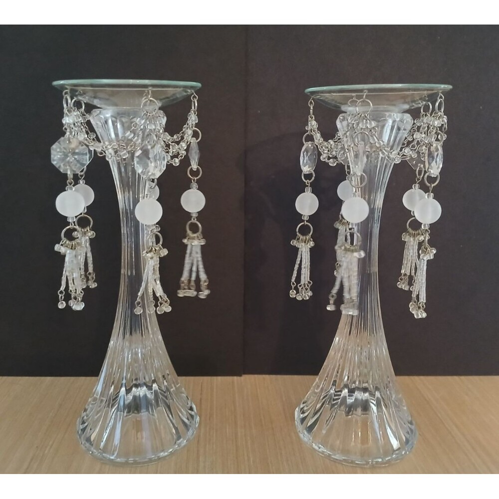 Set of 2 Crystal Candlestick Holders with Detachable Chandelier Drip Plates